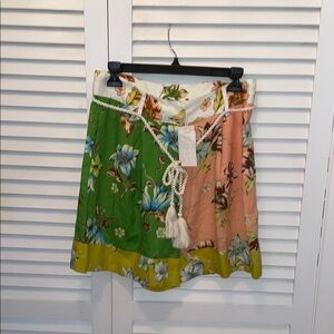 Magaschoni Green Orange Linen shorts Tie Front/side pockets NWT